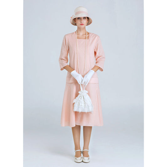 Jazz Age Lawn party dress in pale peach or pale pink wth 3/4 sleeves