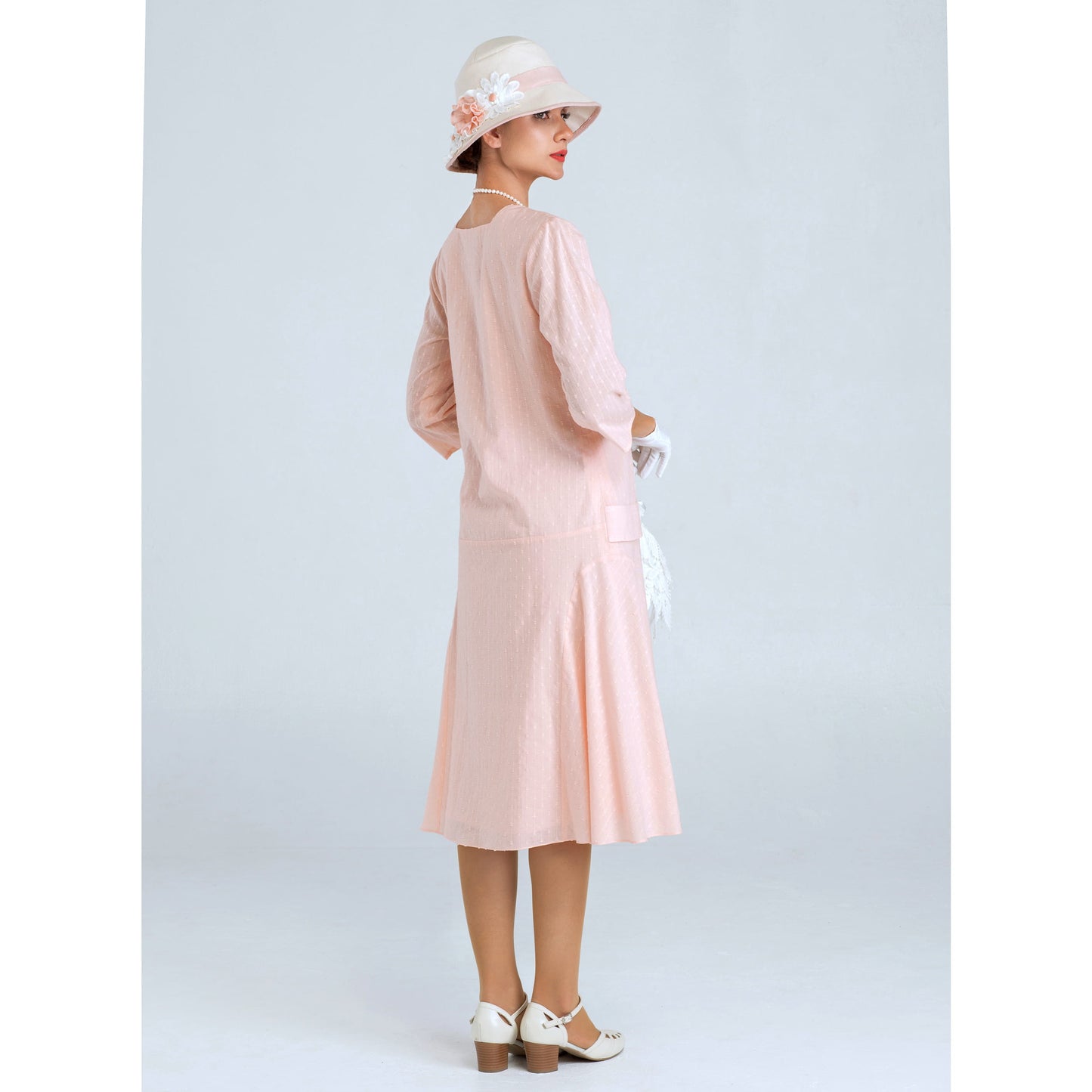 Jazz Age Lawn party dress in pale peach or pale pink wth 3/4 sleeves