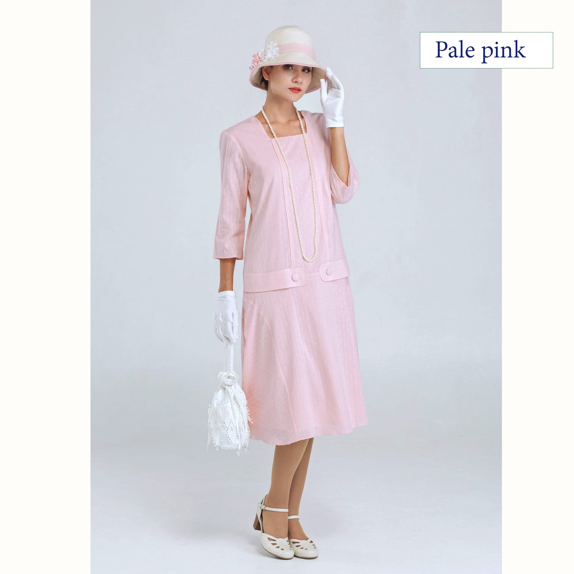 Jazz Age Lawn party dress in pale pink wth 3/4 sleeves