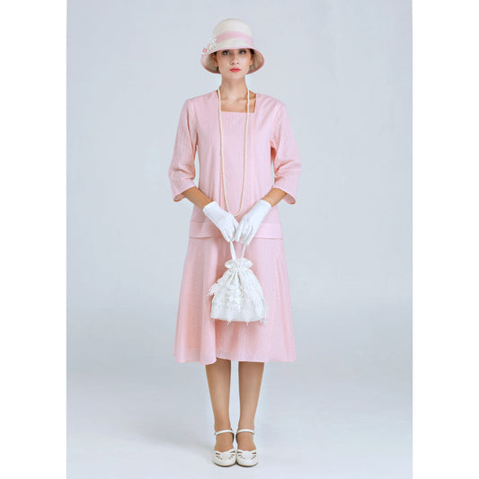 Jazz Age Lawn party dress in pale peach or pale pink wth square neck
