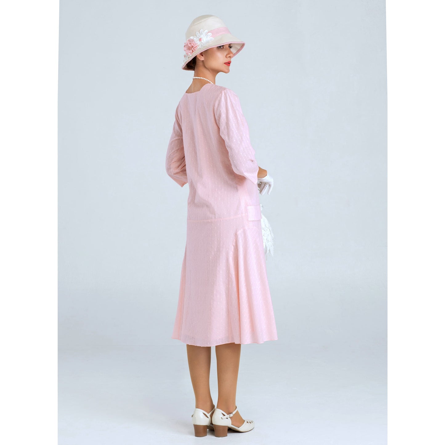 Jazz Age Lawn party dress in pale peach or pale pink wth 3/4 sleeves
