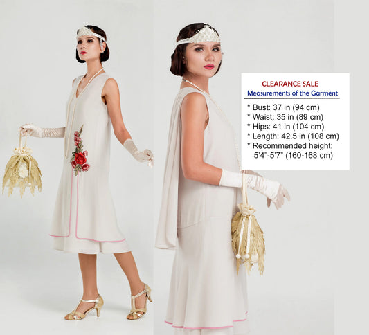 CLEARANCE: Chiffon roaring 20s dress in bleached linen color with shoulder train