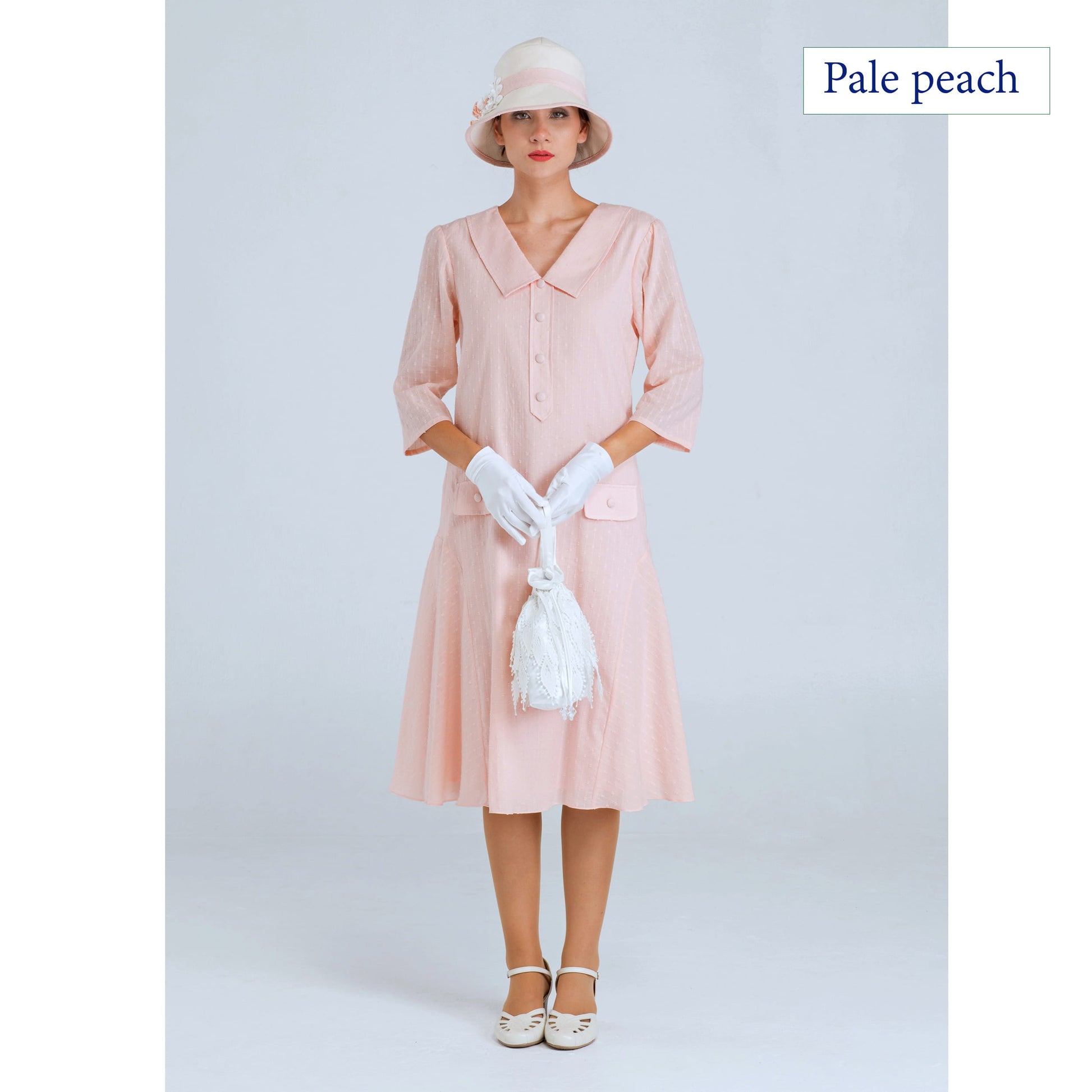 Cotton 1920s dress in pale peach colour with 3/4 sleeves