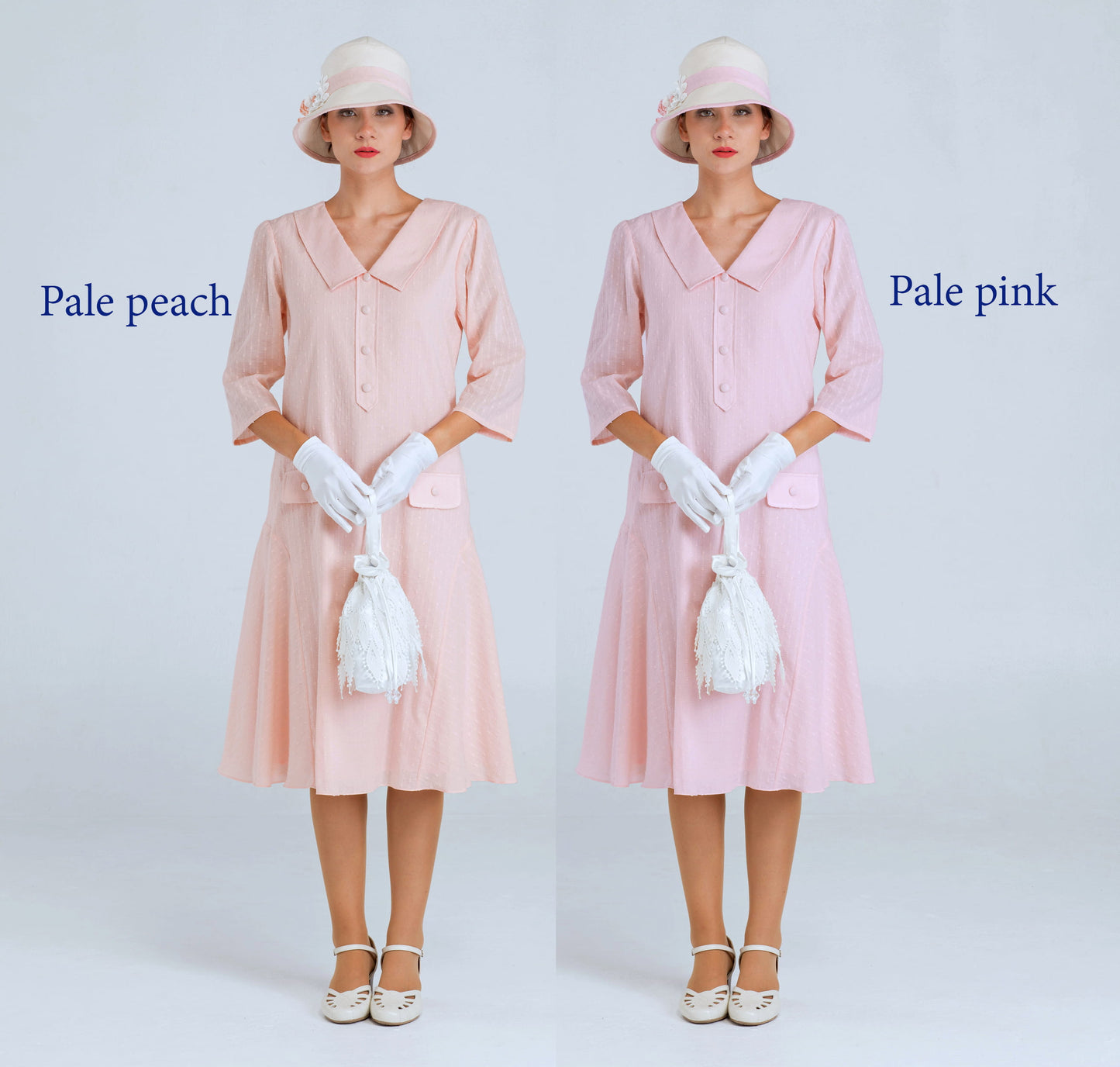 Cotton 1920s dress in pale peach or pale pink colour with 3/4 sleeves