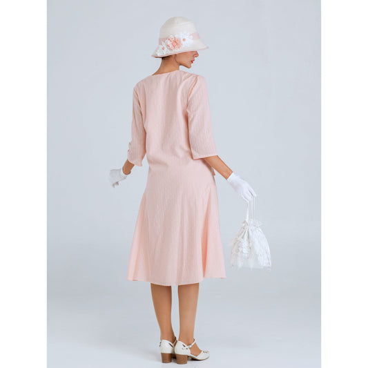 Cotton 1920s dress in pale peach or pale pink colour with 3/4 sleeves
