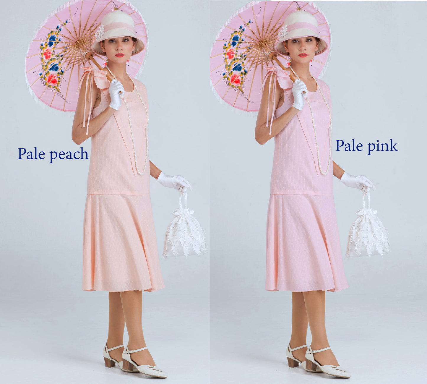 Downton Abbey dress of pale peach or pale pink cotton wth shoulder bow