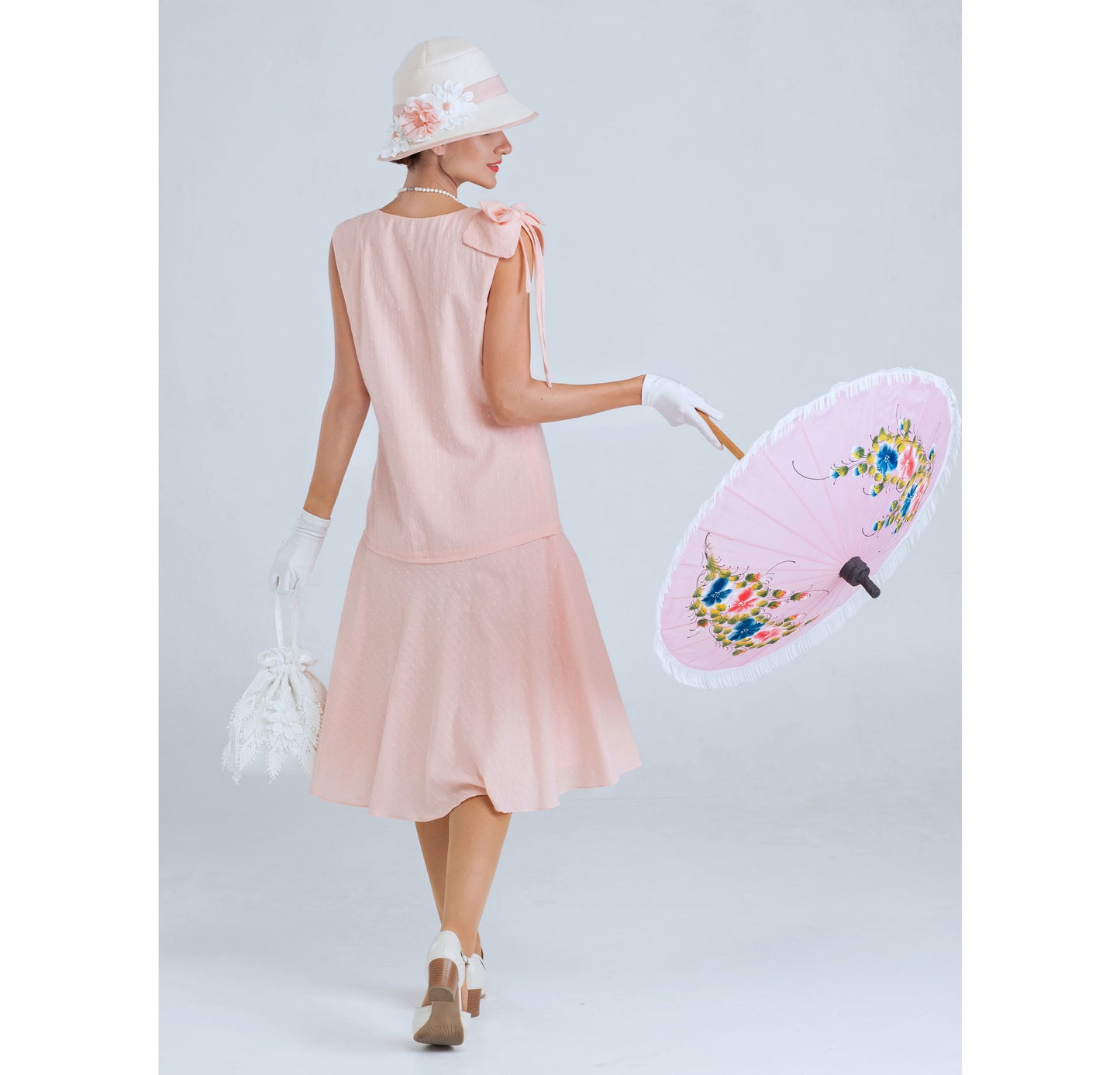 Downton Abbey sleeveless day dress of pale peach or pale pink cotton