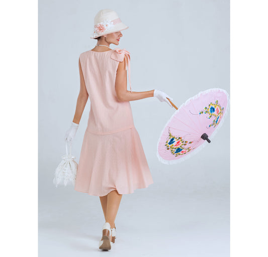 Downton Abbey sleeveless day dress of pale peach or pale pink cotton