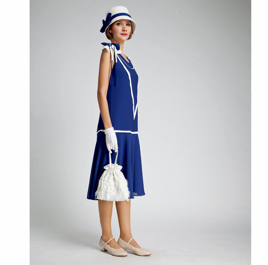 A 1920s dress made of chiffon fabric in dark blue and off-white, also great as a navy-style Gatsby dress.