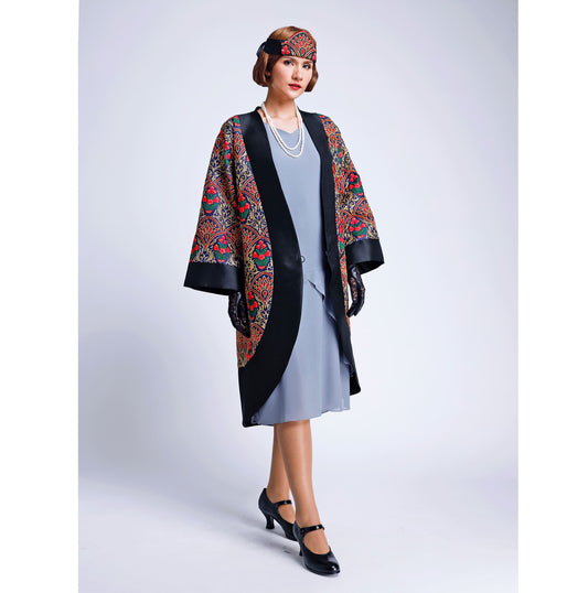 Great Gatsby 1920s embroidered silk art deco coat in blue and black - a vintage-inspired Art Deco coat