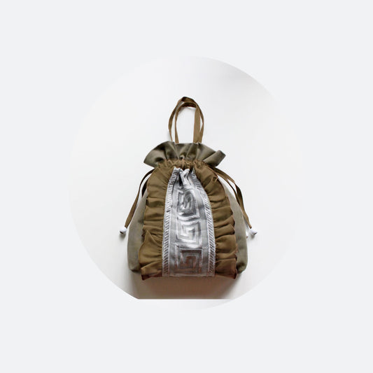 Drawstring bag made of cotton canvas in taupe green - 1920s art deco handbag