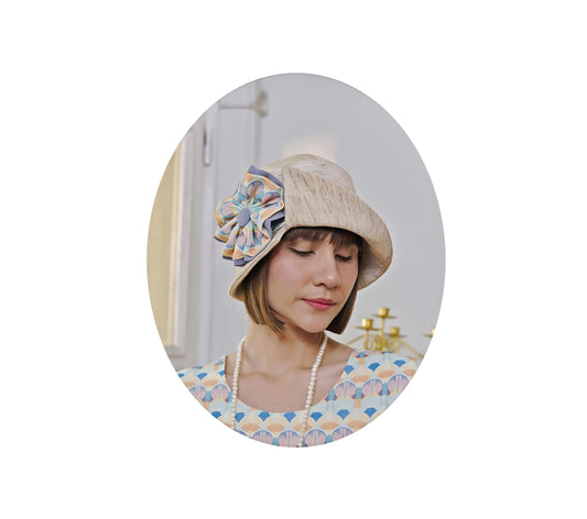 Great Gatsby hat in cream color with art deco print - a cloche hat