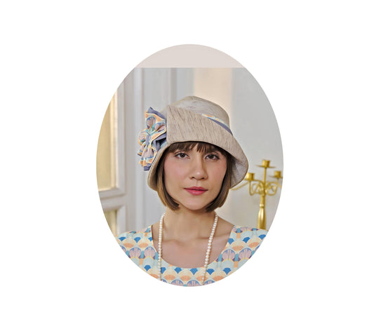 Great Gatsby hat in cream color with art deco print - a 1920s hat