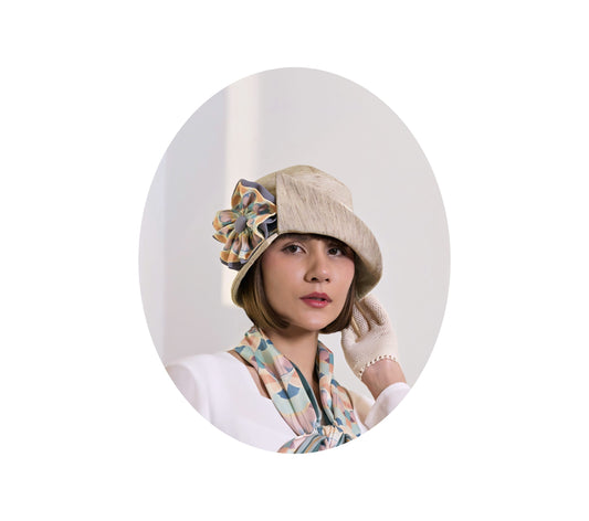Great Gatsby cloche hat in cream with art deco print - a 1920s hat