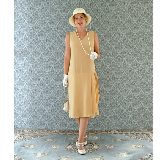 Marigold 1920s fashion dress with drape and bow. Can be worn as a flapper dress, Great Gatsby dress, Downton Abbey dress or 20s high tea dress.