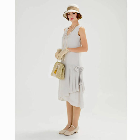 1920s flapper chiffon dress with drape & bow in bleached linen color - a vintage-inspired Roaring Twenties dress