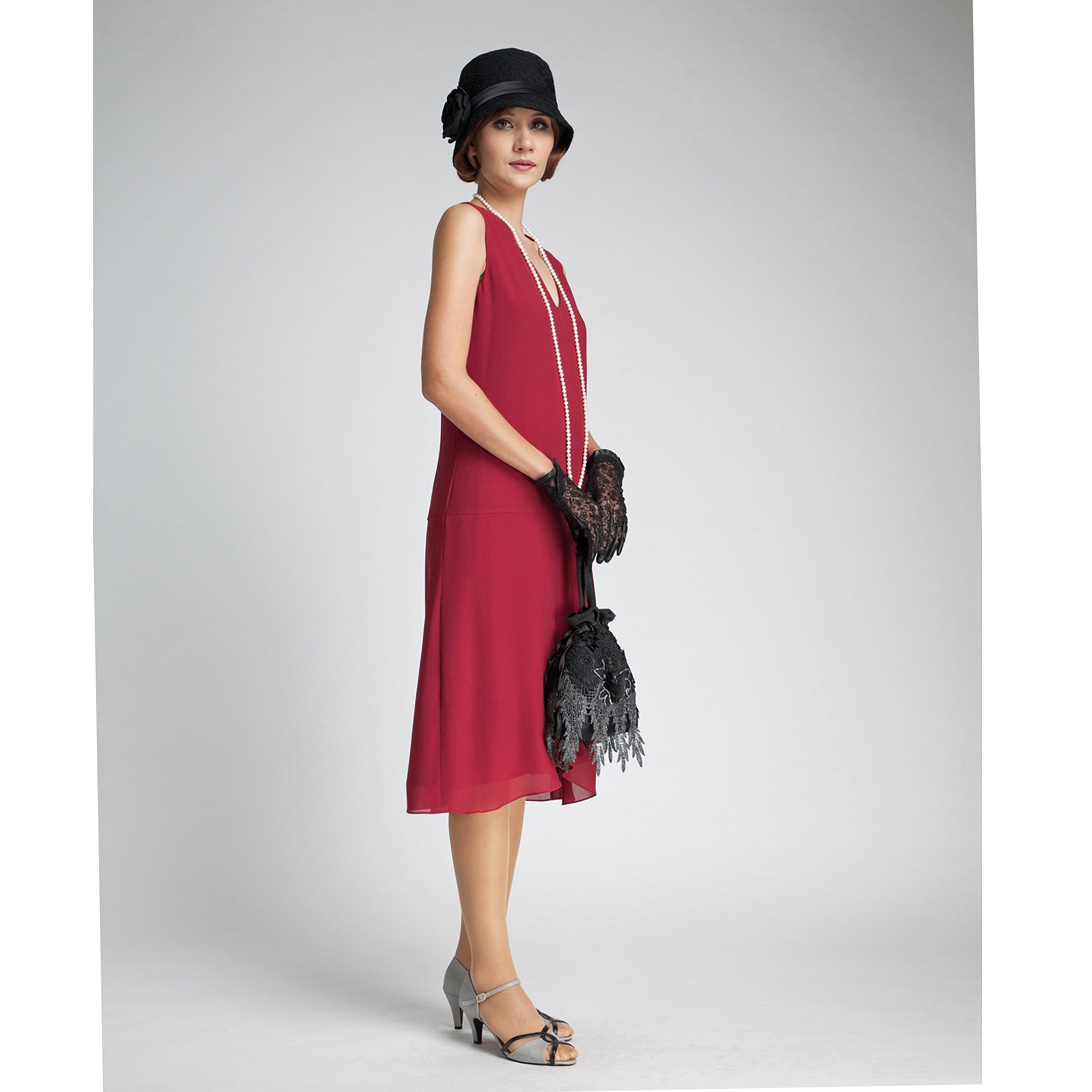 Maroon red chiffon flapper dress with drape and bow – LaVieDelight