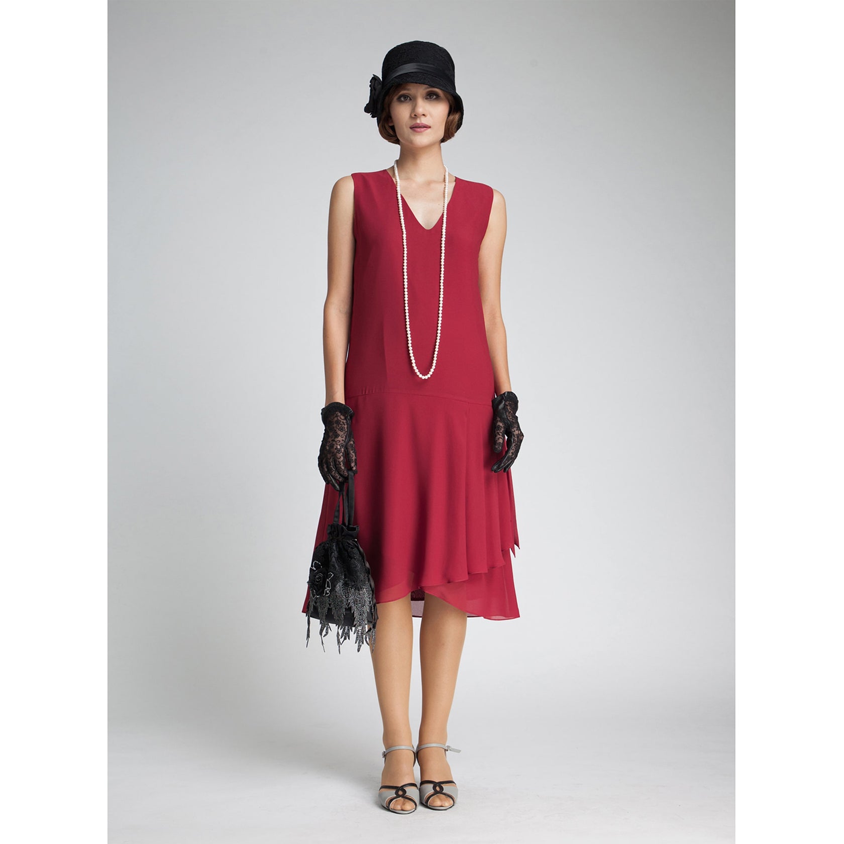 Maroon red chiffon flapper dress with drape and bow – LaVieDelight
