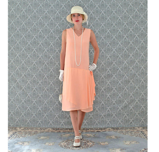 Peach Great Gatsby chiffon dress with drape and bow - a vintage-inspired Roaring Twenties dress