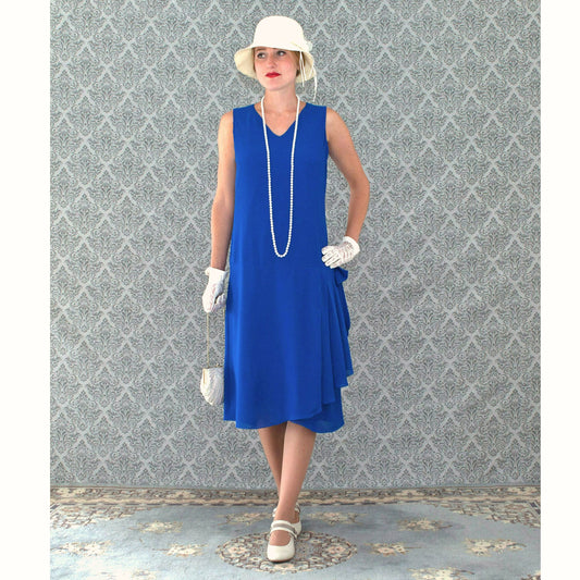 Sapphire blue 1920s Great Gatsby day dress with drape/bow on the skirt - a vintage-inspired Roaring Twenties dress