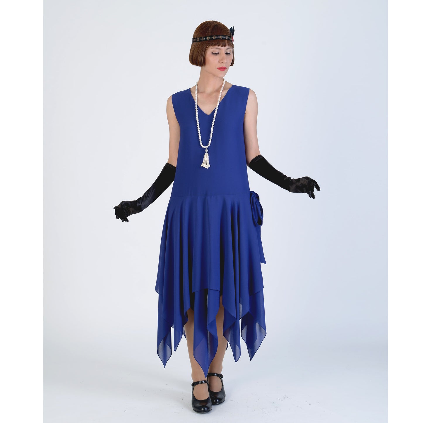 Dark blue chiffon 1920s dress with handkerchief hem. The swing dance dress can be used, eg, as a Gatsby party dress.