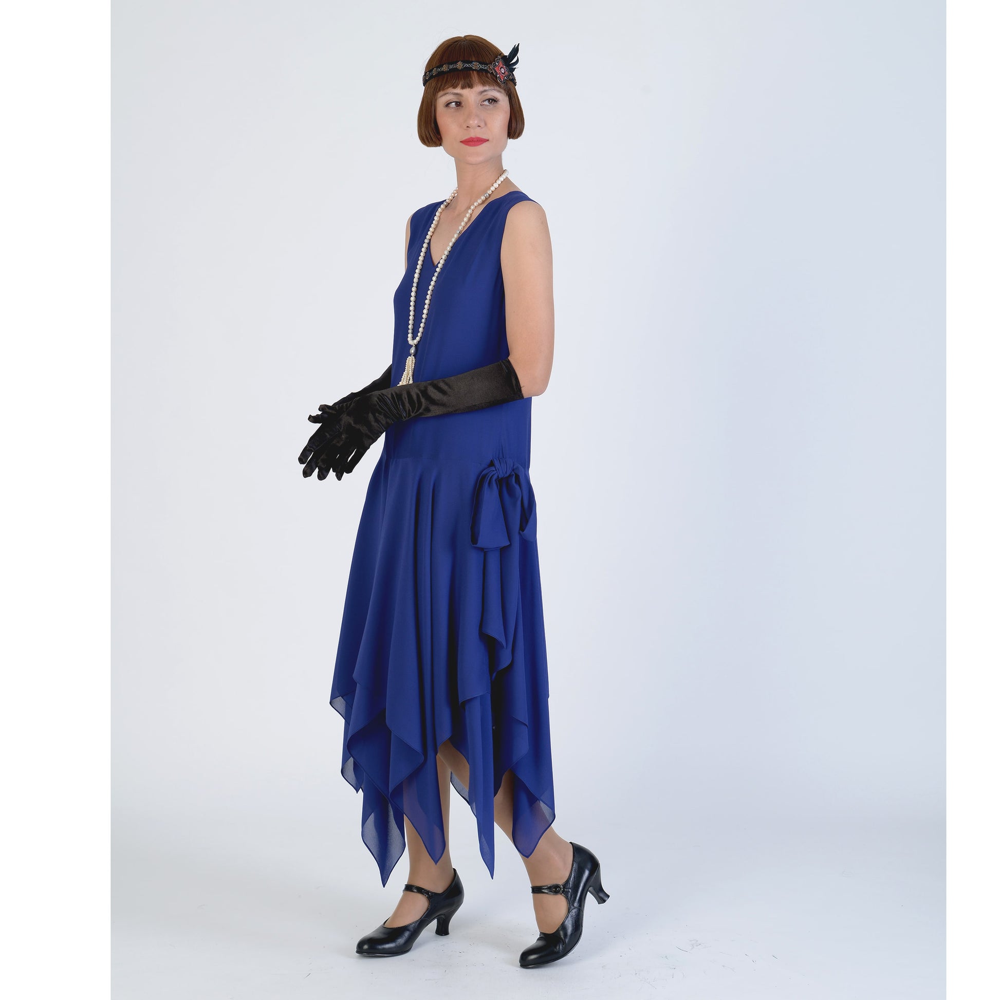 Roaring 20s formal dress in dark blue chiffon with handkerchief hem - a vintage-inspired 1920s dress