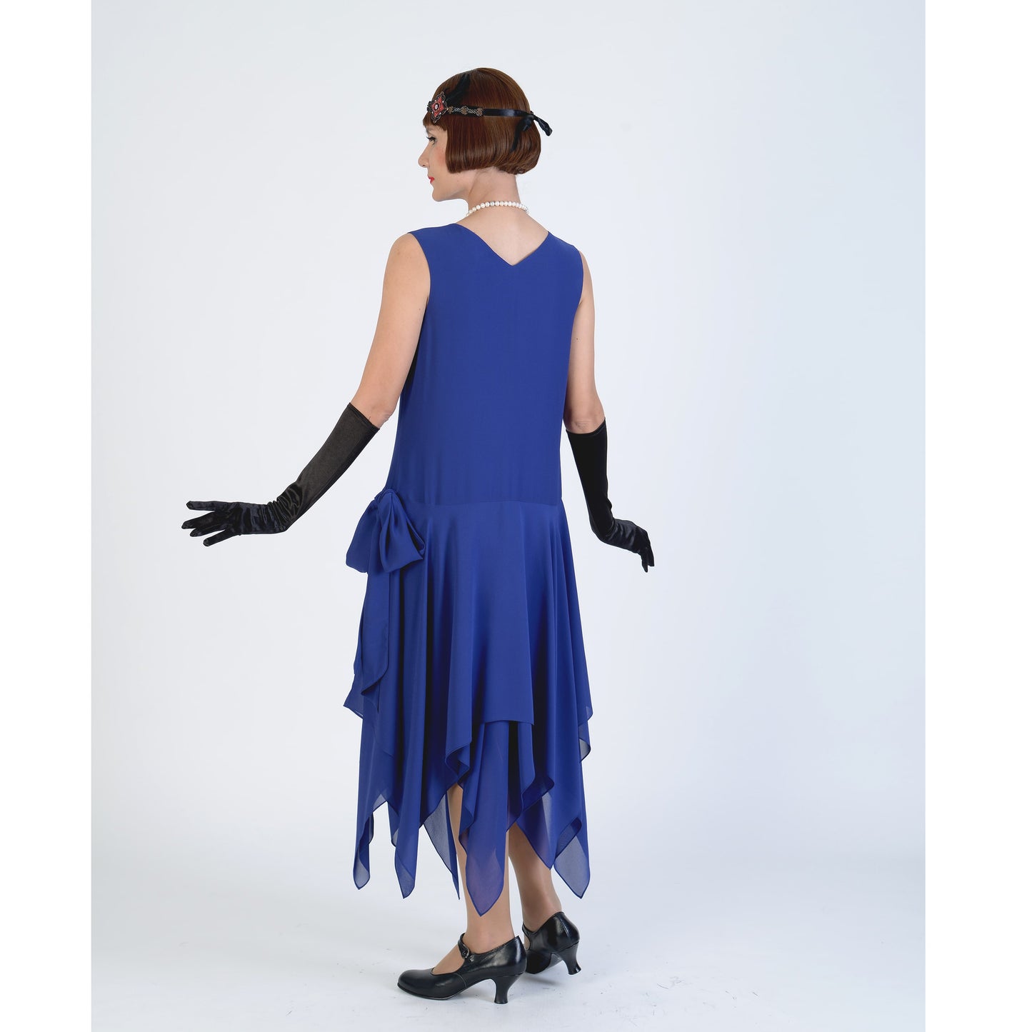 Roaring 20s formal dress in dark blue chiffon with handkerchief hem