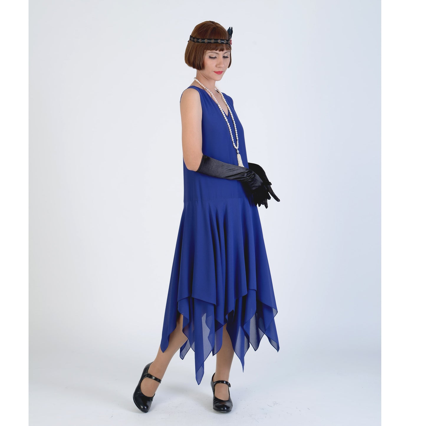 Roaring 20s formal dress in dark blue chiffon with handkerchief hem