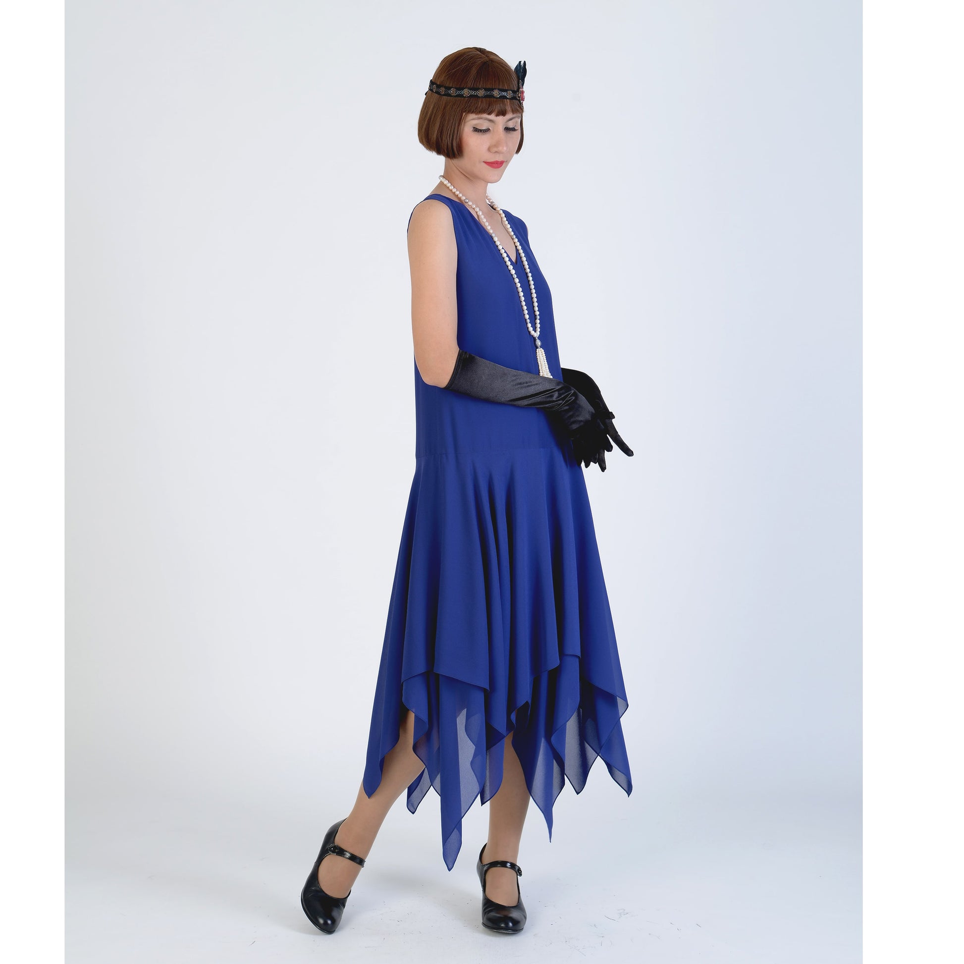 Roaring 20s formal dress in dark blue chiffon with handkerchief hem Roaring 20s formal dress in dark blue chiffon with handkerchief hem