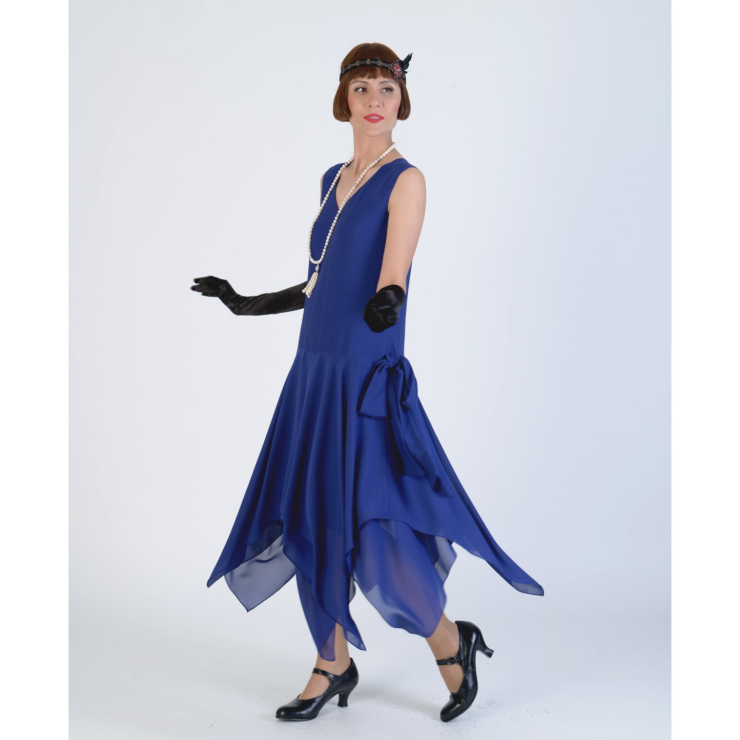 Roaring 20s formal dress in dark blue chiffon with handkerchief hem