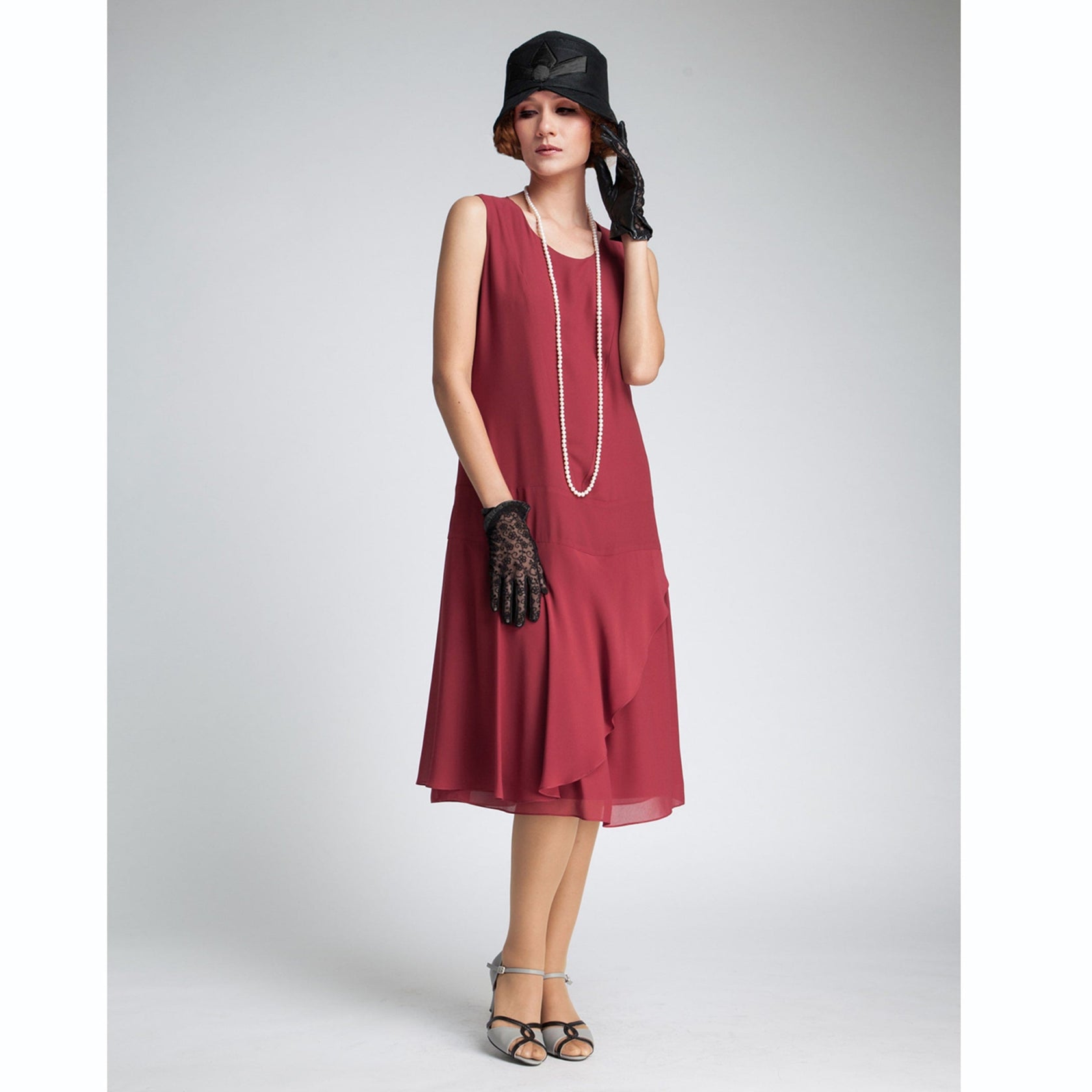 1920s chiffon flapper dress in maroon red with a ruffled skirt detail