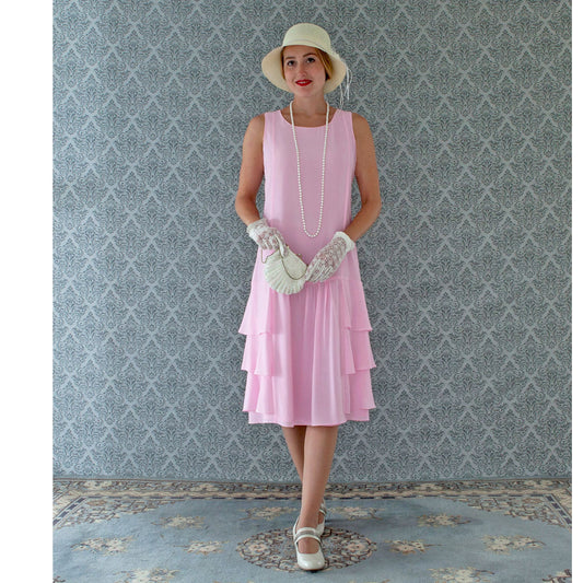 Pink Downton Abbey high tea dress with tiered skirt - a vintage-inspired Roaring Twenties dress