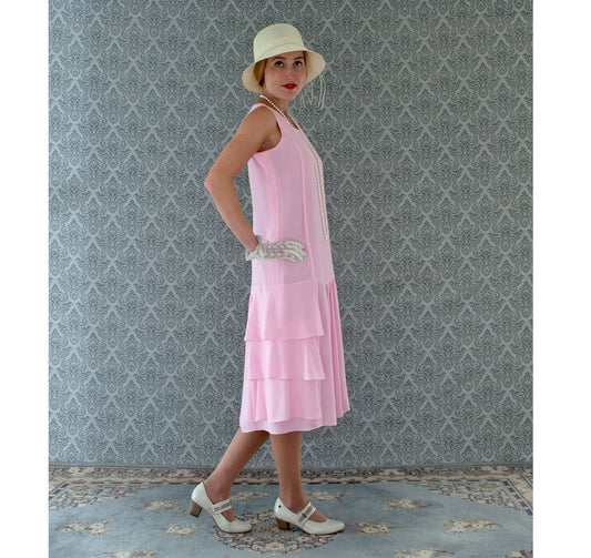 Pink Downton Abbey high tea dress with tiered skirt