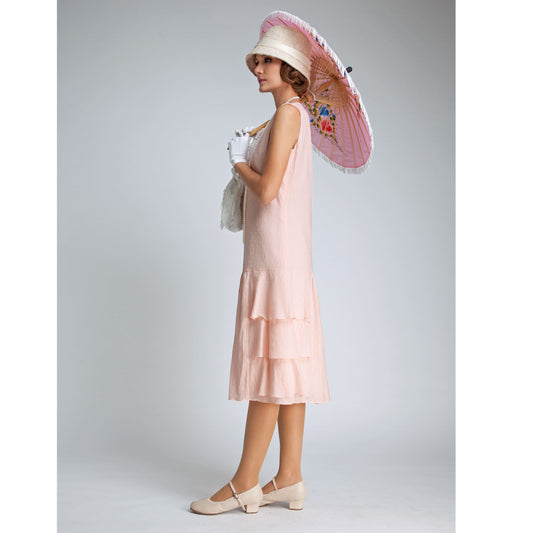 1920s dress in pale peach cotton with tiered skirt