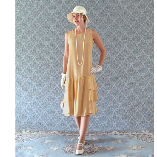 Pale marigold 1920s flapper day dress with tiered skirt - a vintage-inspired Roaring Twenties dress