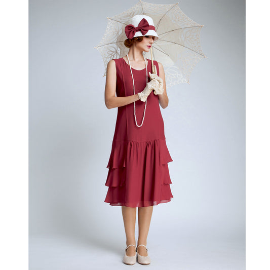 Great Gatsby chiffon dress in maroon red with tiered skirt - a vintage-inspired Roaring Twenties dress