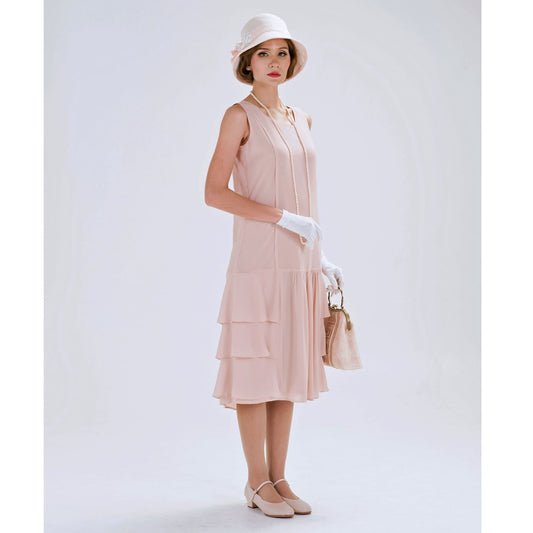 Nude 1920s chiffon flapper dress with tiered skirt - a vintage-inspired Roaring Twenties dress