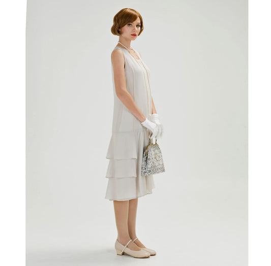1920s Great Gatsby dress in bleached linen color with tiered skirt