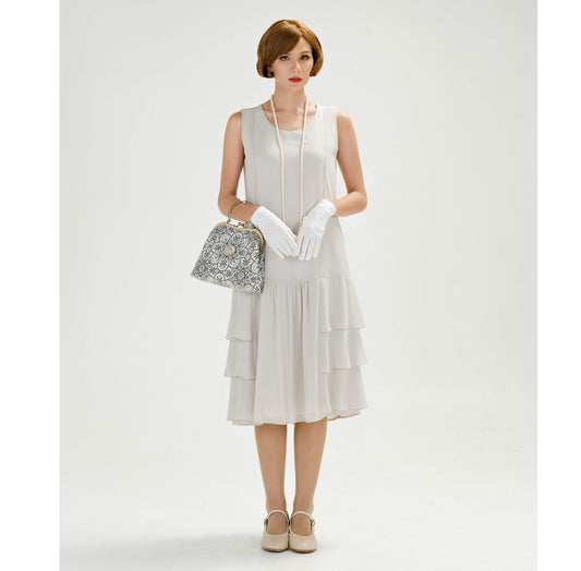 1920s Great Gatsby dress in bleached linen color with tiered skirt - a Roaring Twenties dress