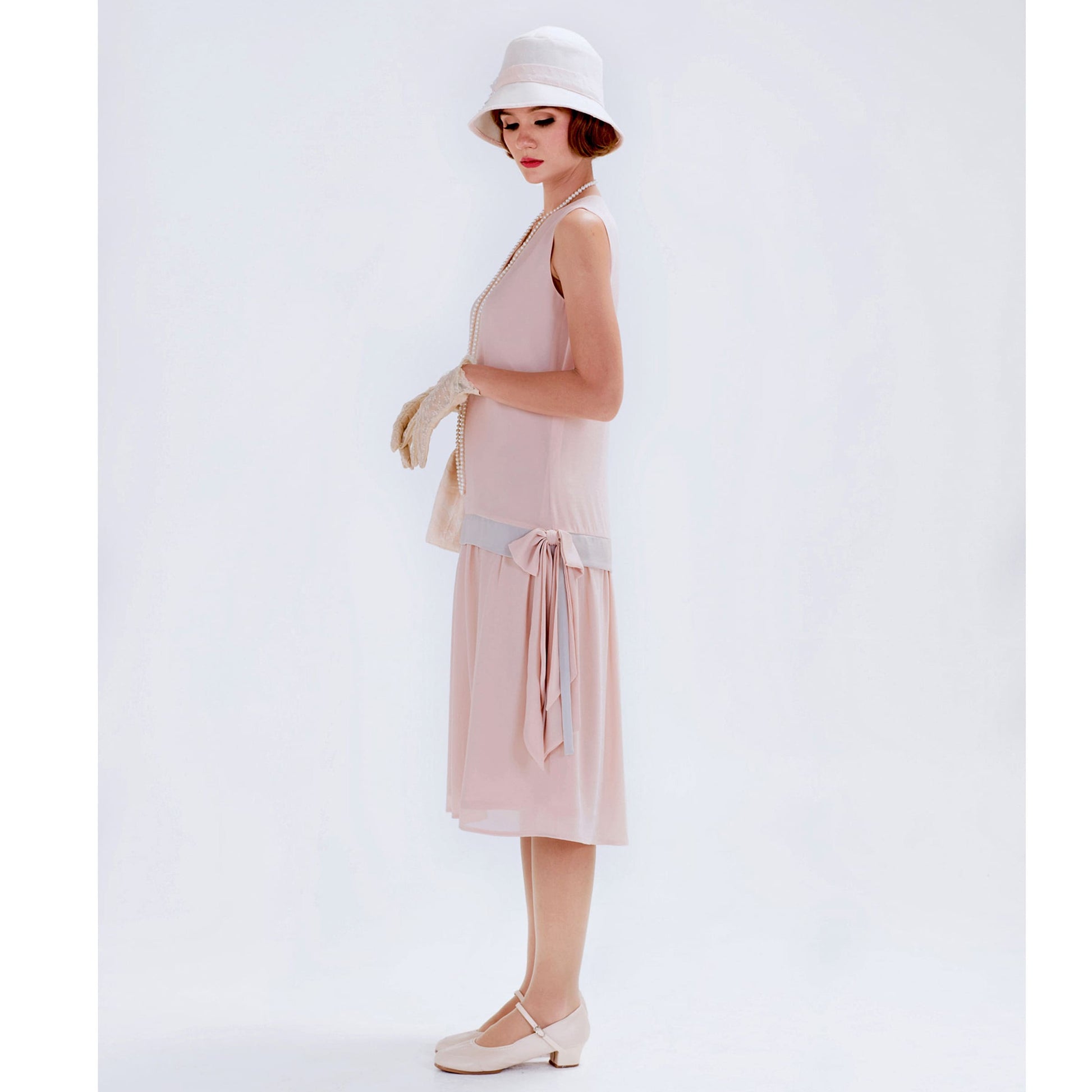 1920s tea dress in nude with contrast details in bleached linen color 1920s tea dress in nude with contrast details in bleached linen color