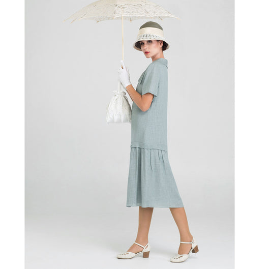 Grey linen 1920s day dress, or Jazz Age Lawn Party dress. This 1920s tea dress with puritan collar can be worn as a Gatsby dress or Downton Abbey dress.