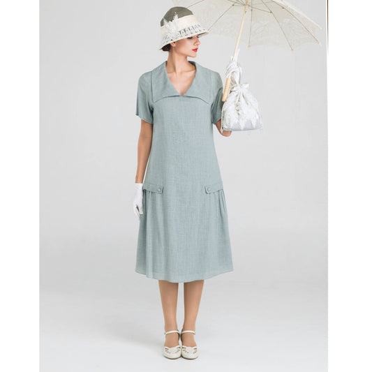 1920s linen dress in grey with puritan collar - a vintage-inspired Roaring Twenties dress
