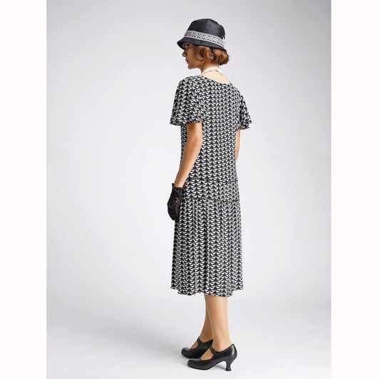 Roaring twenties dress in black and white art deco pattern and flutter sleeves. Can be worn as Great Gatsby dress or 1920s high tea summer dress.