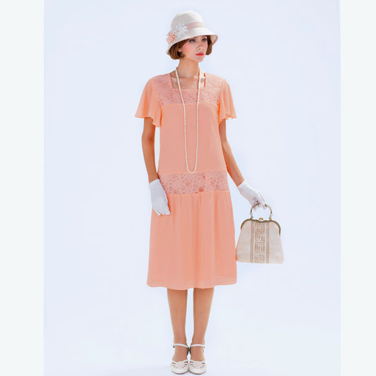 Peach Downton Abbey chiffon dress with flutter sleeves - a vintage-inspired Roaring Twenties dress