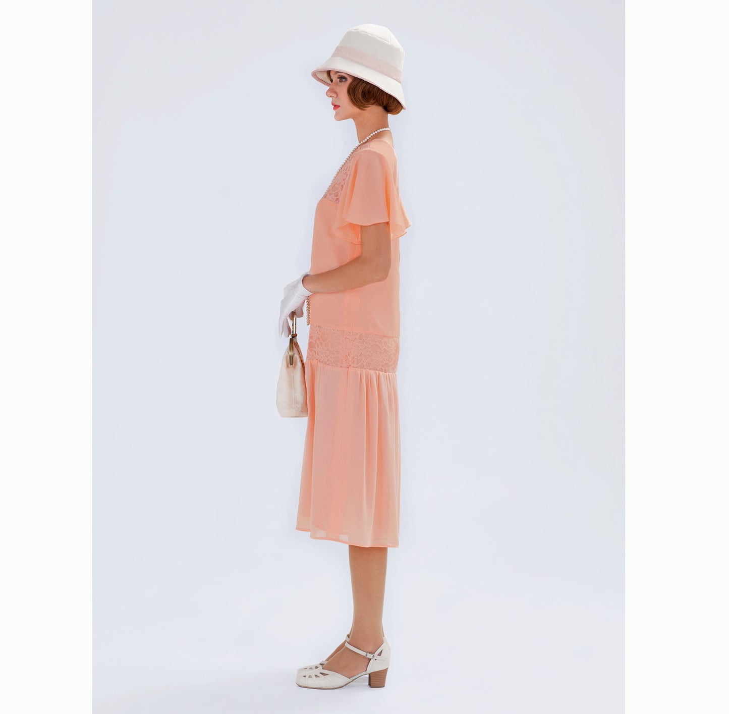 Peach Downton Abbey chiffon dress with flutter sleeves