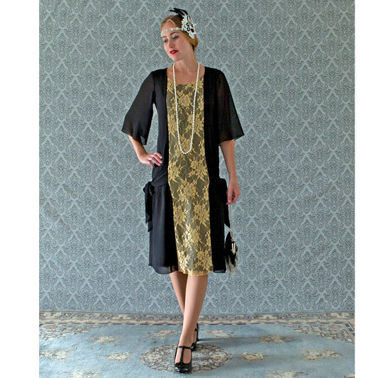 Black chiffon and gold lace Great Gatsby party dress - a vintage-inspired Roaring Twenties dress