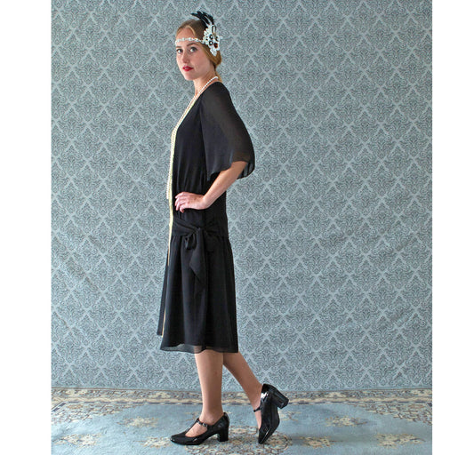 1920s dress, or Great Gatsby dress, flapper dress or Charleston dress, made with a combination of black chiffon and gold lace