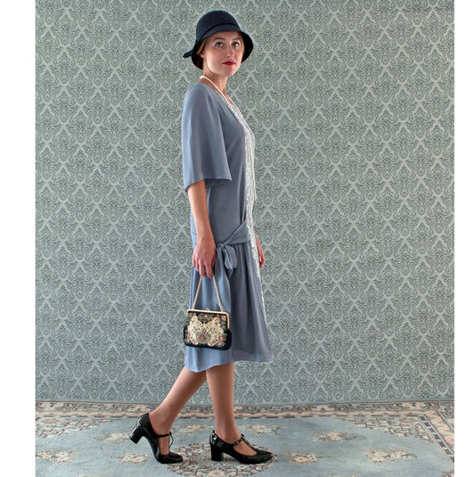 1920s dress in a combination of grey chiffon and silver grey lace. The flapper can be worn as Great Gatsby dress or Downton Abbey dress.