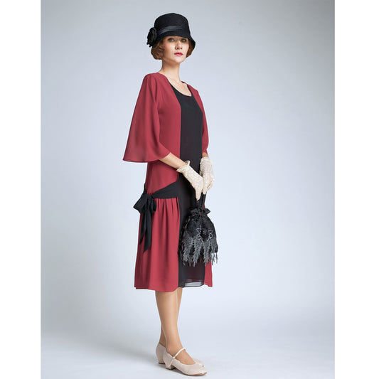 Great Gatsby dress in maroon red and black chiffon - a vintage-inspired Roaring Twenties dress