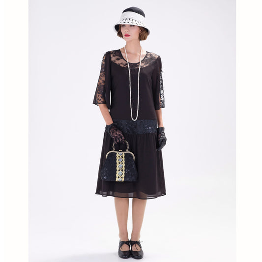 Black 1920s chiffon dress with lace detail on the yoke - a vintage-inspired Roaring Twenties dress